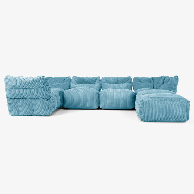 5 Piece Closed Chaise Modular Sofa Set - Cord Aegean Blue 01
