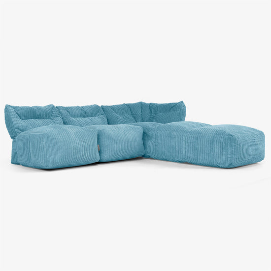 3 Piece Open Chaise Modular Sofa Set - Cord Aegean Blue 02