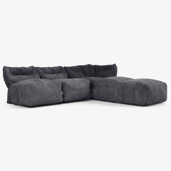 3 Piece Open Chaise Modular Sofa Set - Cord Black 02