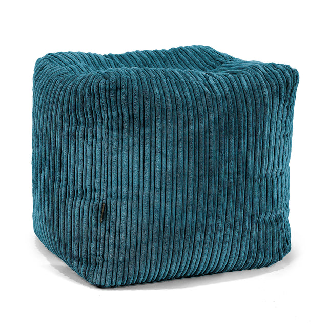 Cube Footstool Pouffe - Cord Teal Blue 01