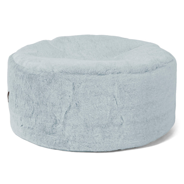 Large Round Footstool - Fluffy Faux Fur Rabbit Dusty Blue 01