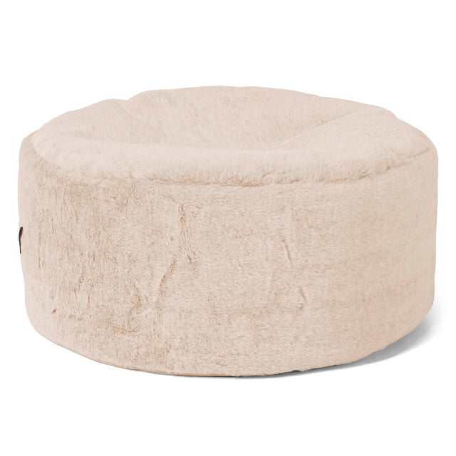 Large Round Footstool - Fluffy Faux Fur Rabbit White 01