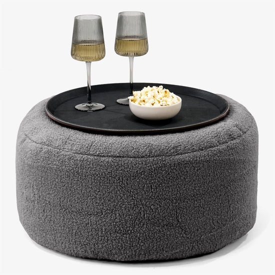 Ottoman Pouf with a Serving Tray - Boucle Graphite Grey 01