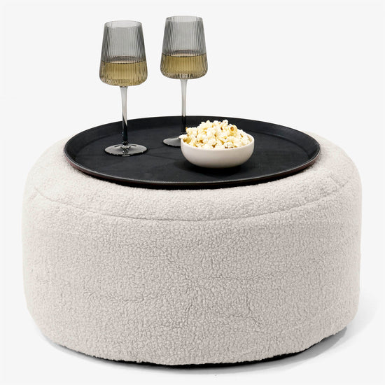 Ottoman Pouf with a Serving Tray - Boucle Ivory 01