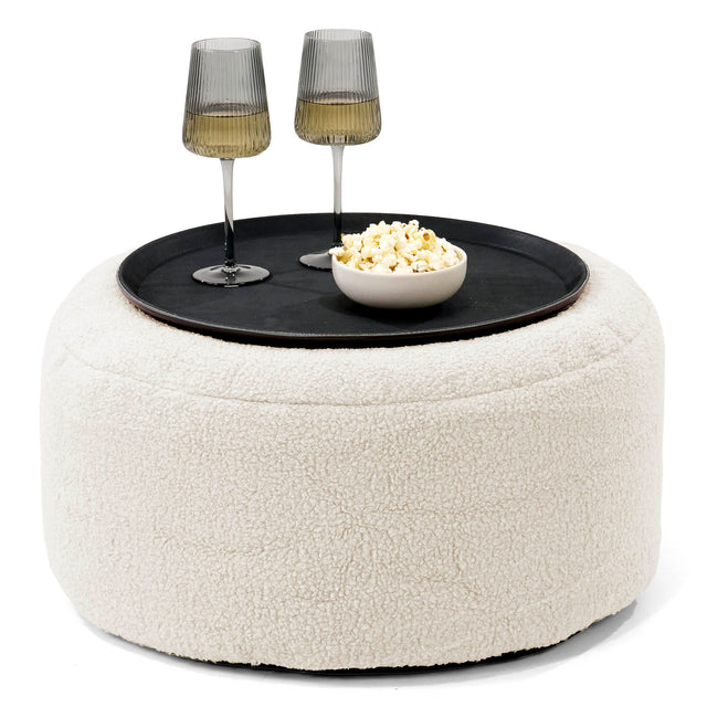 Ottoman Pouf with a Serving Tray - Boucle Ivory 01