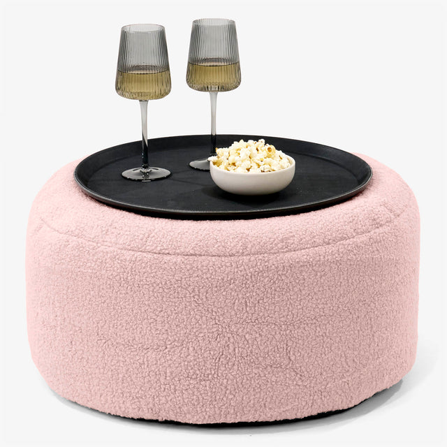 Ottoman Pouf with a Serving Tray - Boucle Pink 01