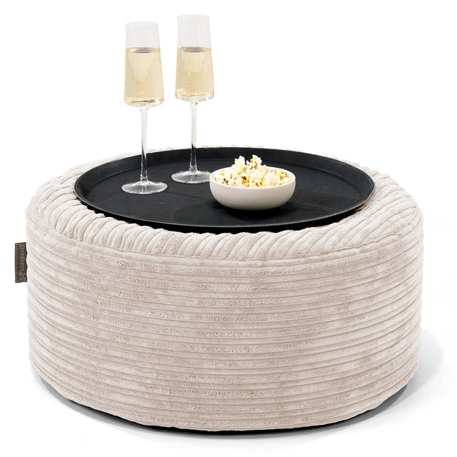 Ottoman Pouf with a Serving Tray - Cord Ivory 01