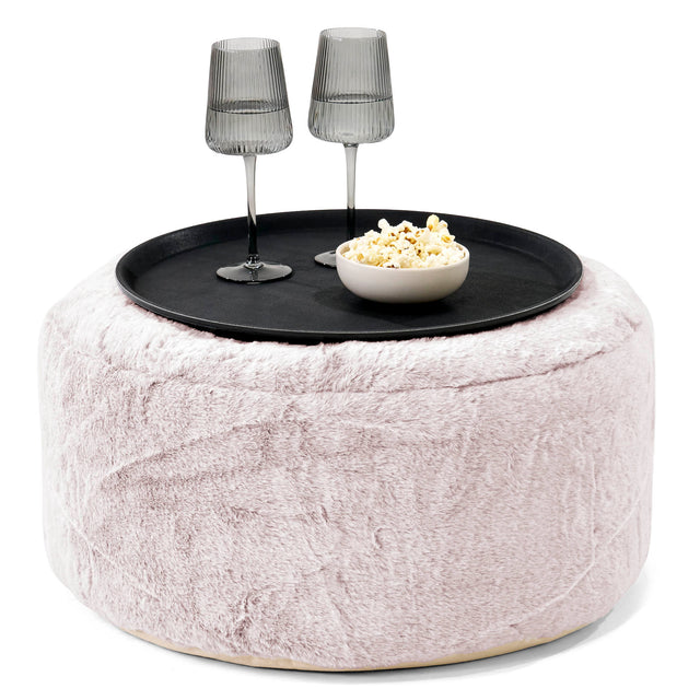Ottoman Pouf with a Serving Tray - Fluffy Faux Fur Rabbit Dusty Pink 01
