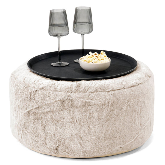 Ottoman Pouf with a Serving Tray - Fluffy Faux Fur Rabbit Golden Brown 01