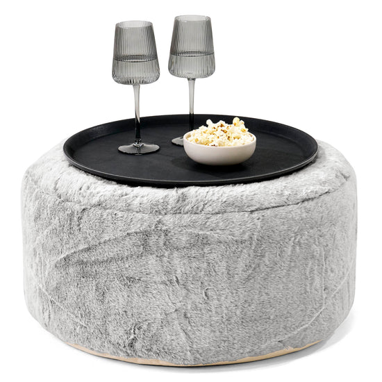 Ottoman Pouf with a Serving Tray - Fluffy Faux Fur Rabbit Light Grey 01