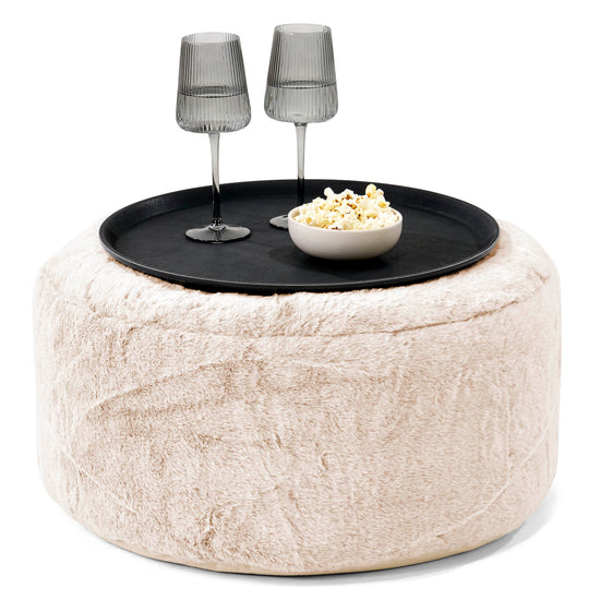 Ottoman Pouf with a Serving Tray - Fluffy Faux Fur Rabbit White 01