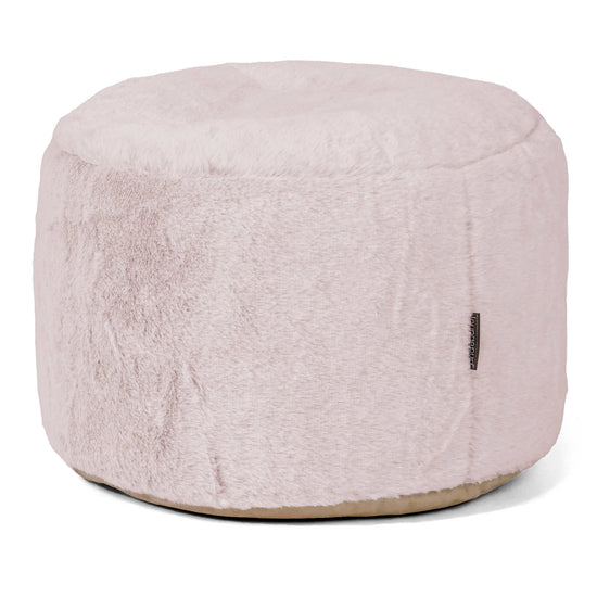 Small Round Footstool - Fluffy Faux Fur Rabbit Dusty Pink 01