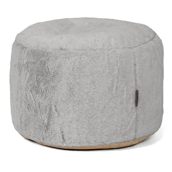 Small Round Footstool - Fluffy Faux Fur Rabbit Light Grey 01