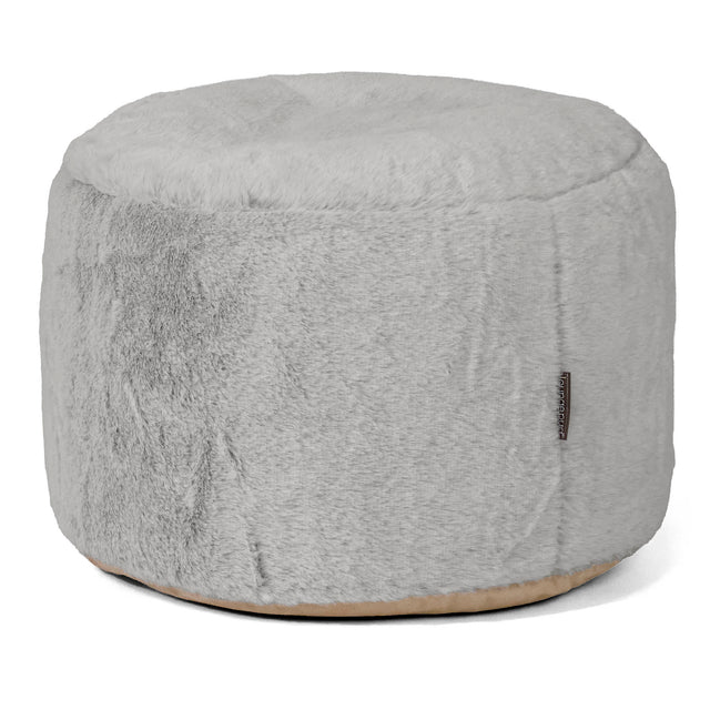 Small Round Footstool - Fluffy Faux Fur Rabbit Light Grey 01