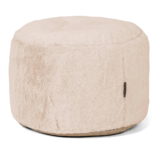 Small Round Footstool - Fluffy Faux Fur Rabbit White 01