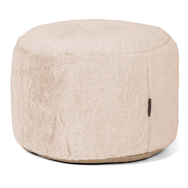 Small Round Footstool - Fluffy Faux Fur Rabbit White 01
