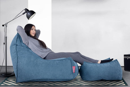 LOUNGE PUG FLOCK Bean Bag Footstool Large Aegean Blue (Size 25cm H x 40cm D x 70cm Wide)
