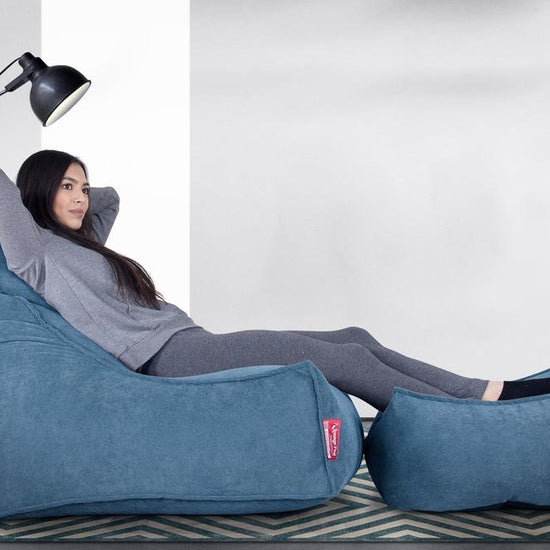LOUNGE PUG FLOCK Bean Bag Footstool Large Aegean Blue (Size 25cm H x 40cm D x 70cm Wide)