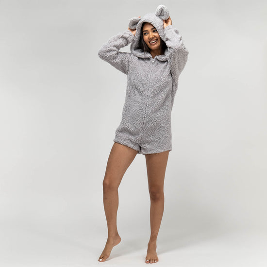 Women's Grey Teddy Ear Fleece Romper 01