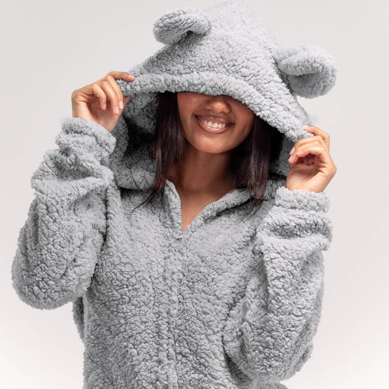 Women's Grey Teddy Ear Fleece Romper 02