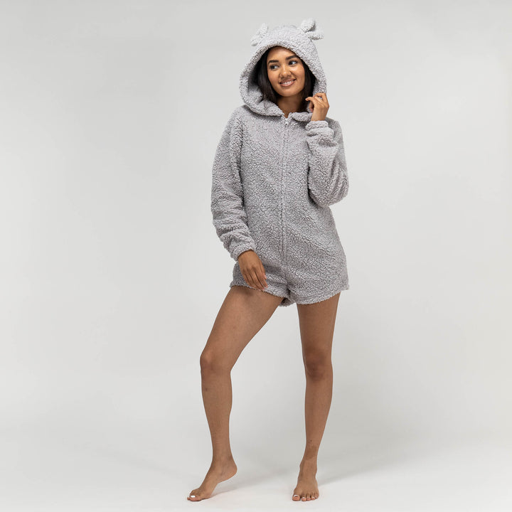 Women's Grey Teddy Ear Fleece Romper 05