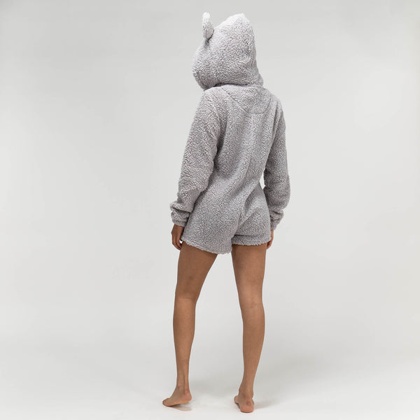 Women's Grey Teddy Ear Fleece Romper Fabric Close-up Image
