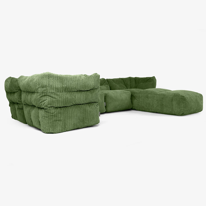 5 Piece Closed Chaise Modular Sofa Set - Cord Forest Green 02