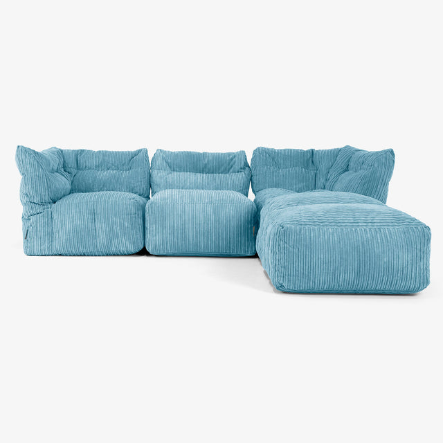 3 Piece Closed Chaise Modular Sofa Set - Cord Aegean Blue 01