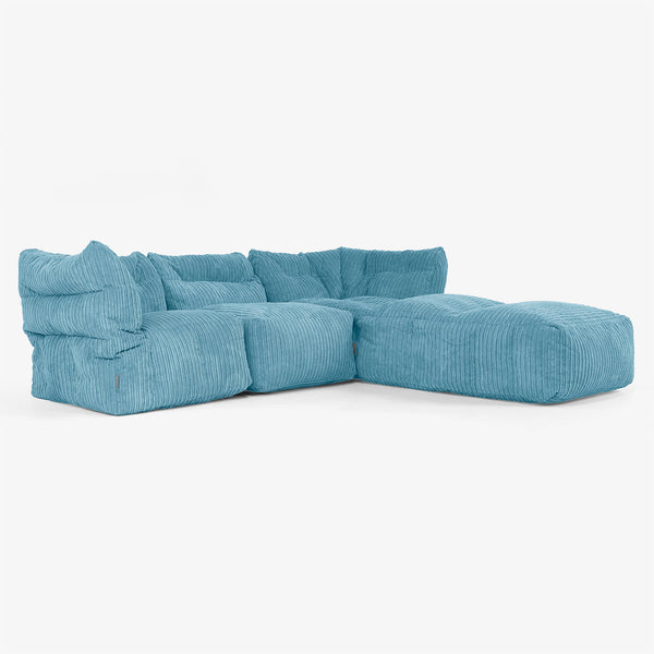 3 Piece Closed Chaise Modular Sofa Set - Cord Aegean Blue 01