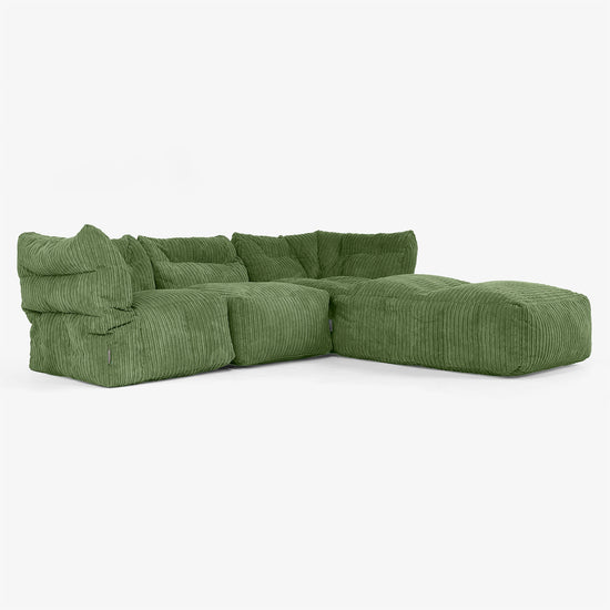 3 Piece Closed Chaise Modular Sofa Set - Cord Forest Green 02