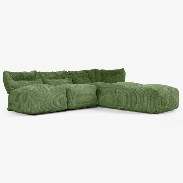 3 Piece Open Chaise Modular Sofa Set - Cord Forest Green 01