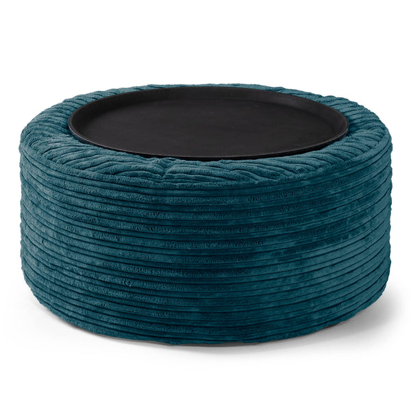 Ottoman Pouf with a Serving Tray - Cord Teal Blue