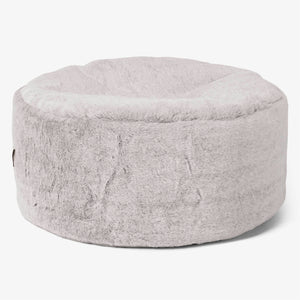 Large Round Footstool - Fluffy Faux Fur Rabbit Light Grey