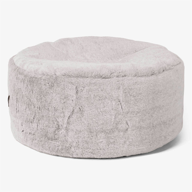 Large Round Footstool - Fluffy Faux Fur Rabbit Light Grey 01