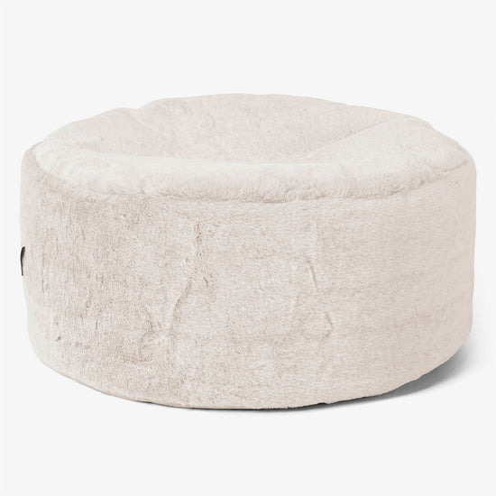 Large Round Footstool - Fluffy Faux Fur Rabbit White 01