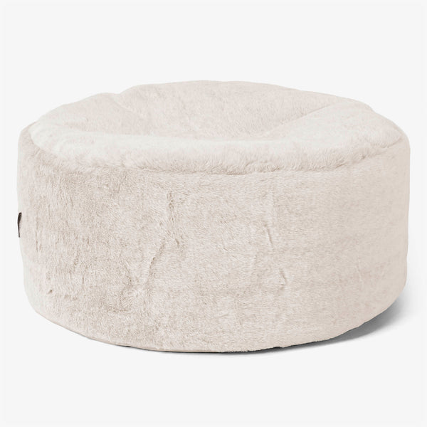 Large Round Footstool - Fluffy Faux Fur Rabbit White 01