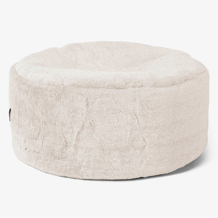Large Round Footstool - Fluffy Faux Fur Rabbit White 01