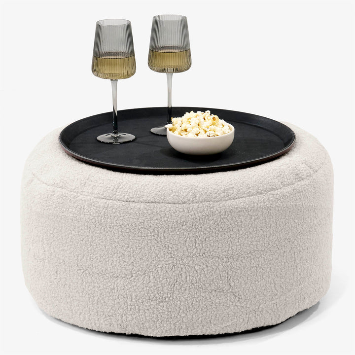 Ottoman Pouf with a Serving Tray - Boucle Ivory 01