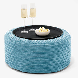 Ottoman Pouf with a Serving Tray - Cord Aegean Blue