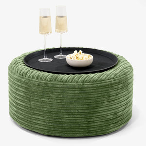 Ottoman Pouf with a Serving Tray - Cord Forest Green