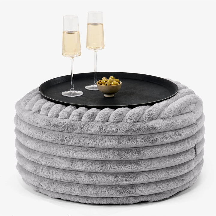Ottoman Pouf with a Serving Tray - Ultra Plush Cord Grey 01
