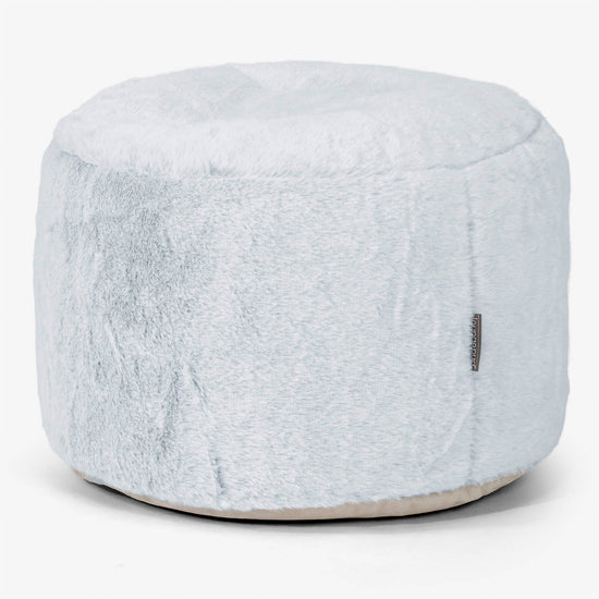 Small Round Footstool - Fluffy Faux Fur Rabbit Dusty Blue 01