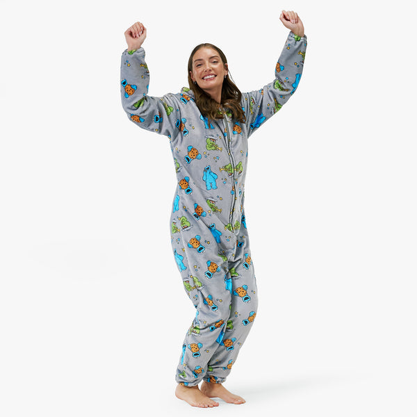 Unisex Fleece Adult Onesie - Cookie Monster & Oscar The Grouch Fabric Close-up Image