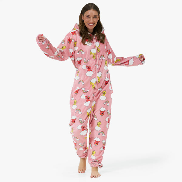Unisex Fleece Adult Onesie - Elmo & Big Bird Fabric Close-up Image