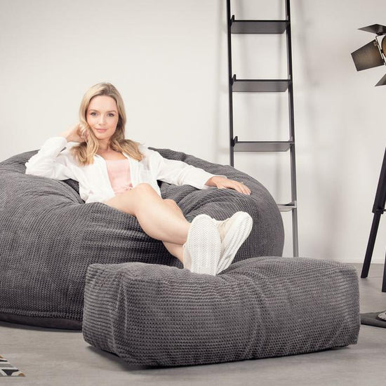 LOUNGE PUG Jumbo Memory Foam Bean Bag Sofa XXL Giant Beanbag Love Seat Pom Pom Charcoal Grey CloudSac 1010