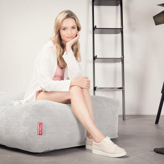 LOUNGE PUG CloudSac 250 Memory Foam Ottoman Pouf Pom Pom Ivory