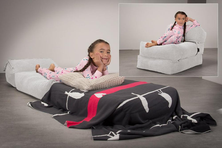LOUNGE PUG Avery Single Futon Chair Bed Folding Sofa Bed Guest Bed Pom Pom Ivory