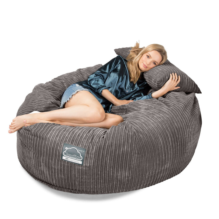 LOUNGE PUG Jumbo Memory Foam Bean Bag Sofa XXL Giant Beanbag Love Seat Cord Graphite Grey CloudSac 1010