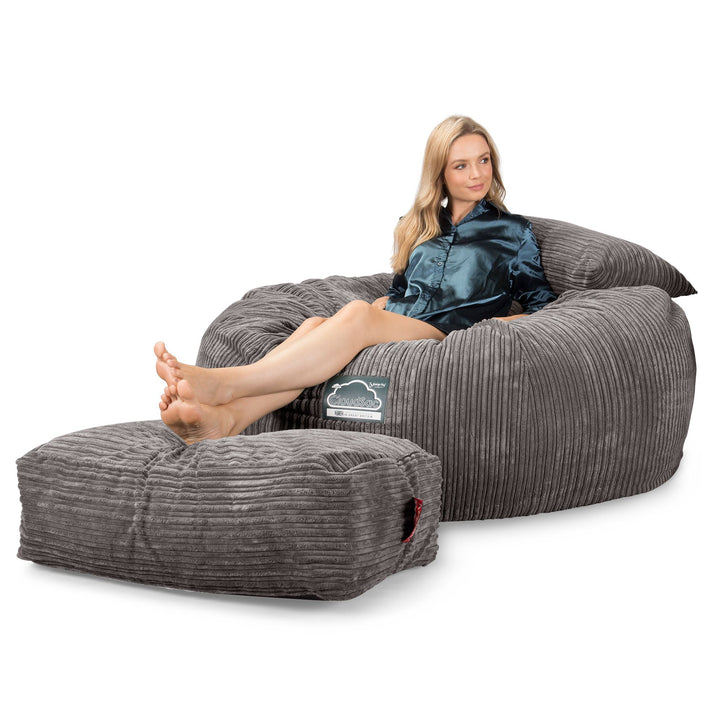 LOUNGE PUG Jumbo Memory Foam Bean Bag Sofa XXL Giant Beanbag Love Seat Cord Graphite Grey CloudSac 1010