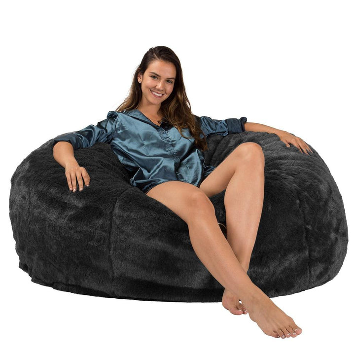 LOUNGE PUG Jumbo Memory Foam Bean Bag Sofa XXL Giant Beanbag Love Seat Faux Fur Black CloudSac 1010